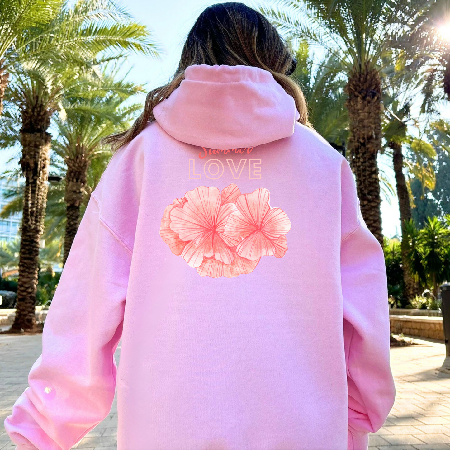 Summer Love Hibiscus Flower Coastal Hooded Sweatshirt