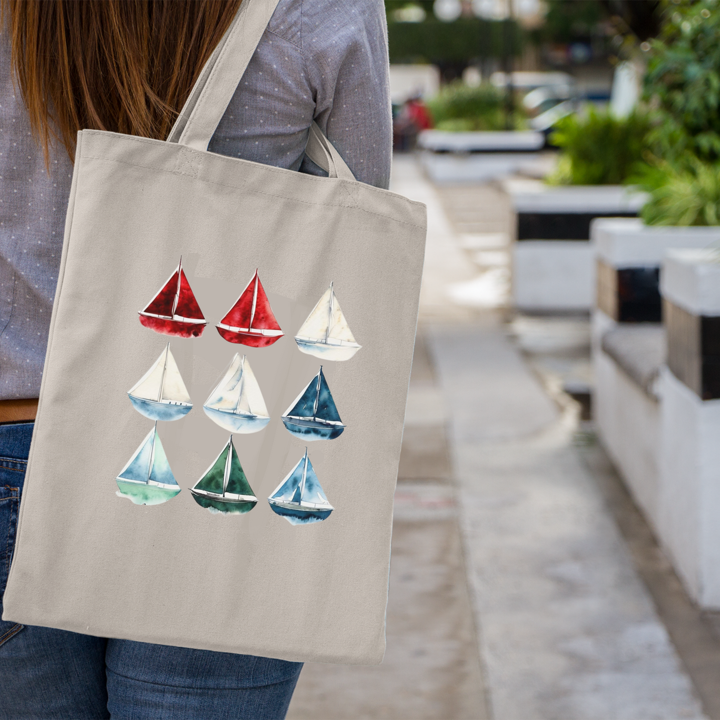 Watercolor Sailboats Cotton Canvas Tote Bag